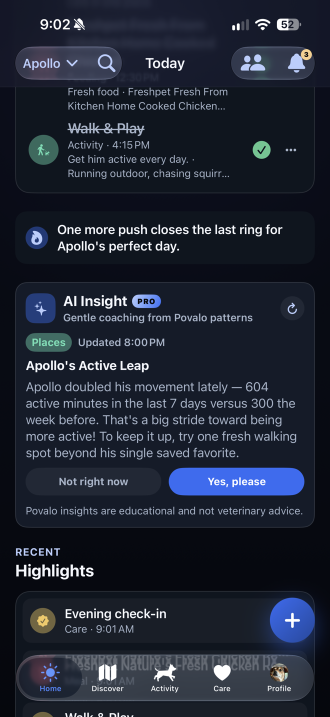 Povalo 1.5.1 Today screen with a personalized AI insight for Apollo