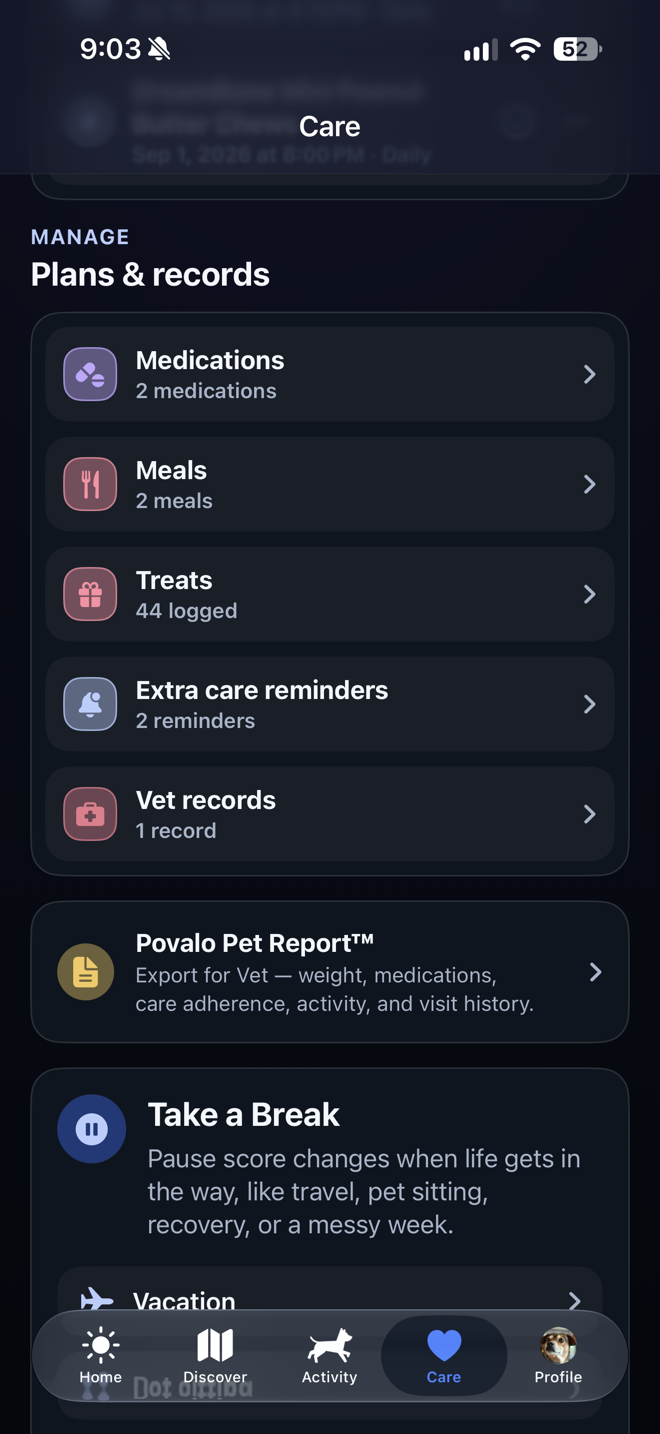 Povalo 1.5.1 Care screen with medications, meals, treats, reminders, and vet records