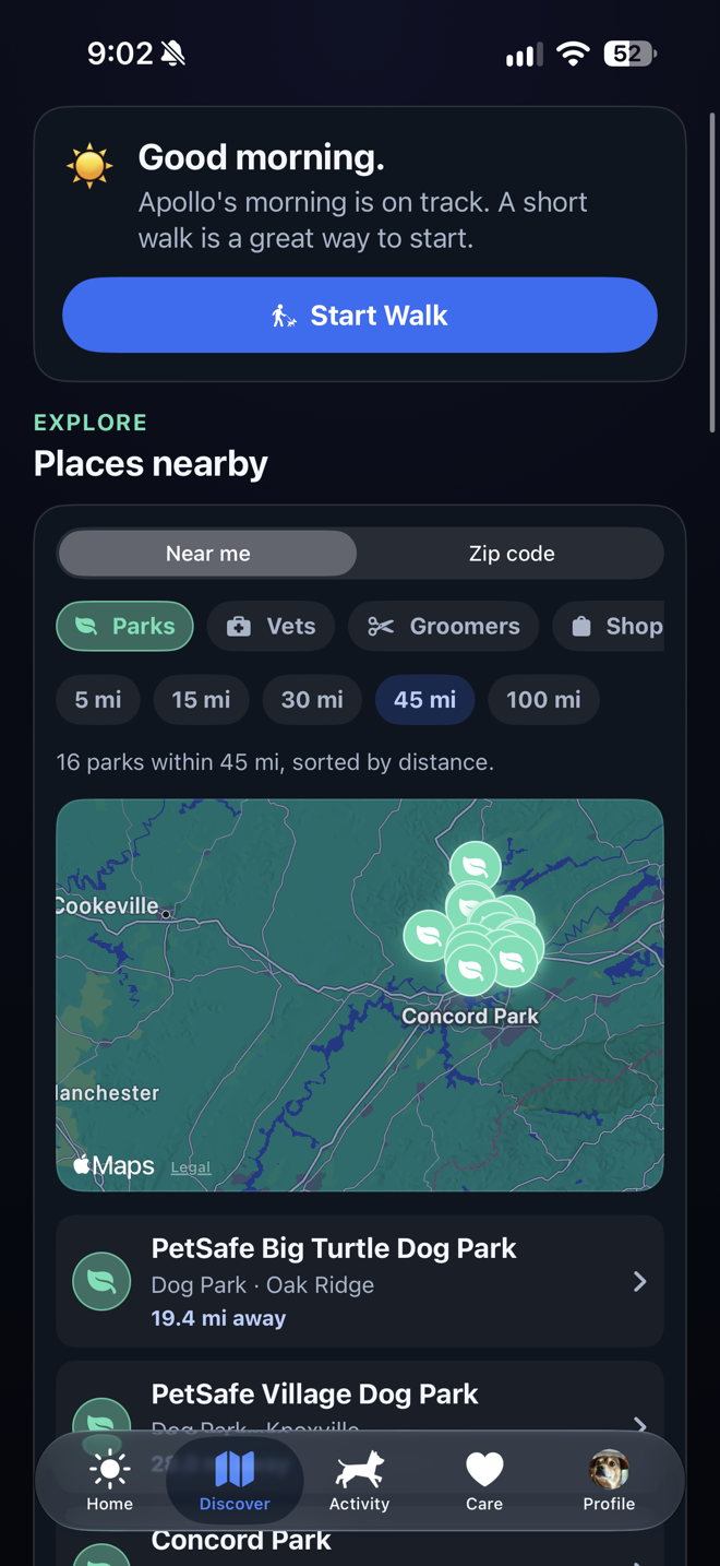 Povalo 1.5.1 Places nearby screen showing pet-friendly parks on a map